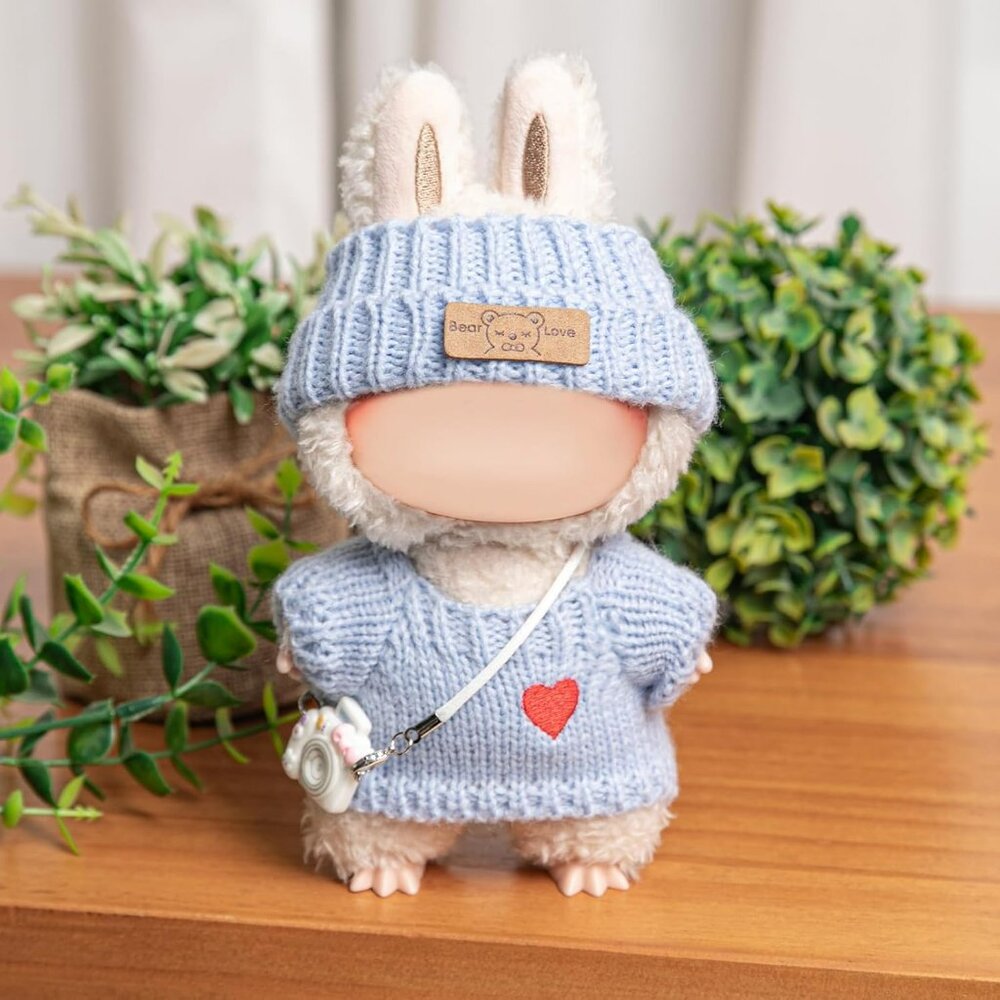 Clothing for Labubu 17cm 3 Pc Knit Doll‎ Outfit Sweater Hat Camera Blue No Doll
